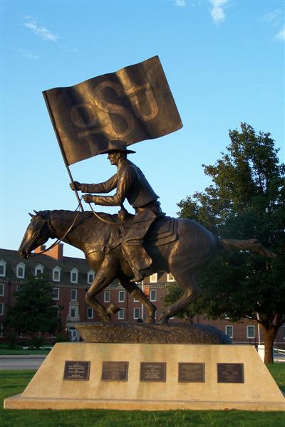 The Spirit Rider statue at Oklahoma State Univesrity in Stillwater, Oklahoma.  The statue depicts the beloved OSU mascot Bullet,
